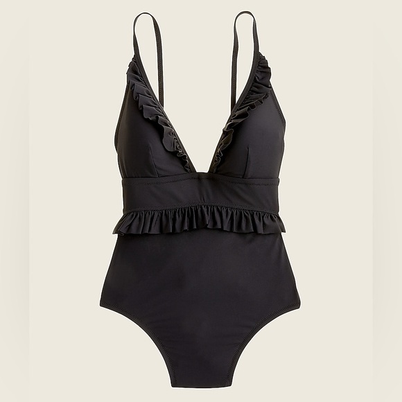 J. Crew Ruffle Deep-V One-piece Swimsuit Size 12 Womens Black Vacation Beach  S1 - Picture 8 of 8